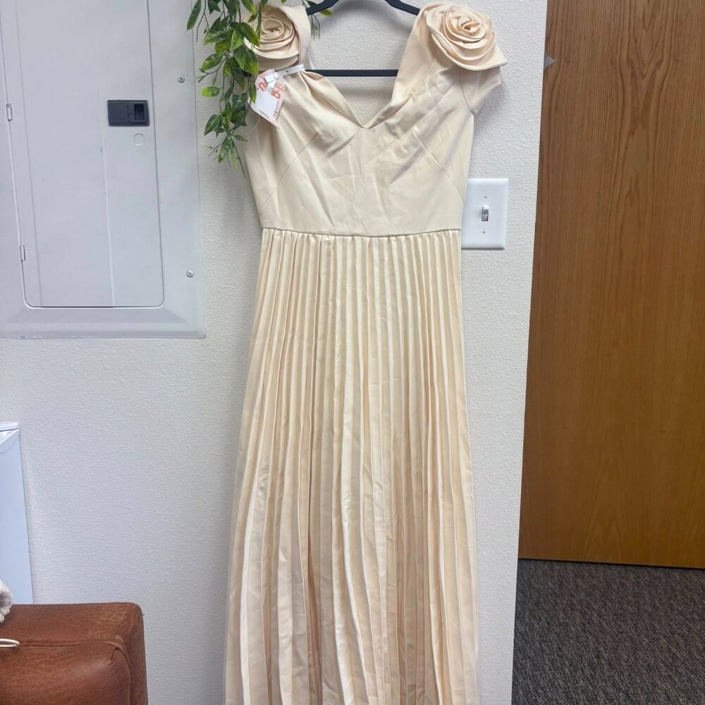 Elegant Cream Pleated Midi Dress w/ Rosette Shoulder Detail